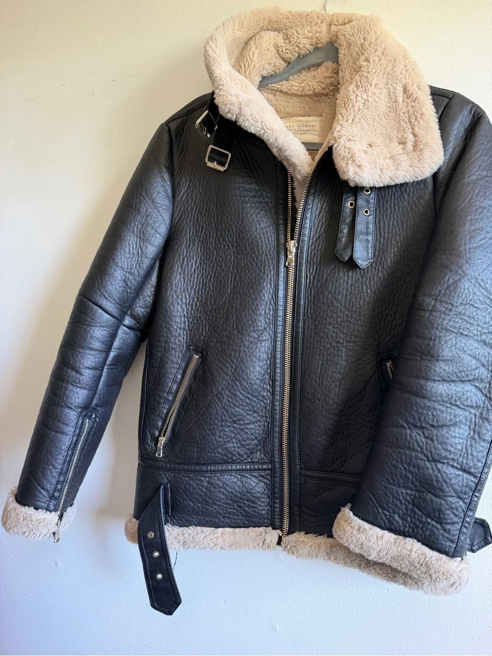 Black Shearling-Trim Leather Jacket - Women's size XS